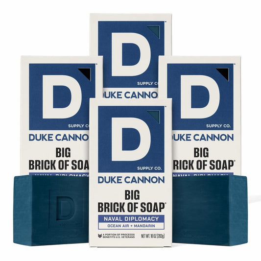 Duke Cannon Naval Diplomacy Big Brick Soap Bar 10 oz - Ocean Air + Mandarin Scent, Triple Milled Long-Lasting Natural Soap, Large Men’s Bar, Supports U.S. Veterans, 4 Pack