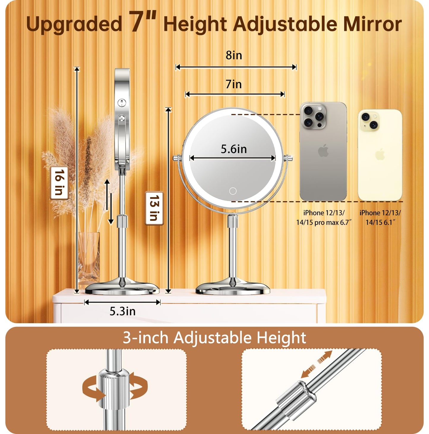 Gospire 7" Lighted Makeup Mirror, 1X/10X Magnification, Height Adjustable