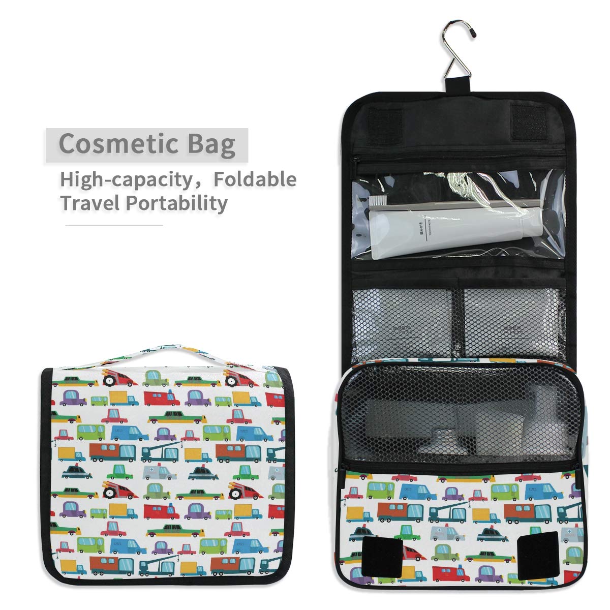 senya Hanging Travel Toiletry Bag Kit Boys Makeup Case Cosmetics Organizer for Men Women (Cartoon Boy Cars)