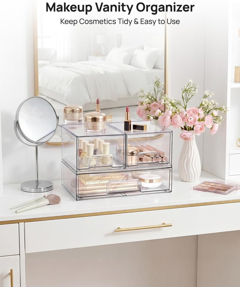 Stackable Storage Drawers - Clear Plastic Organizer Bins for Bathroom, Pantry & Laundry Room | Set of 4
