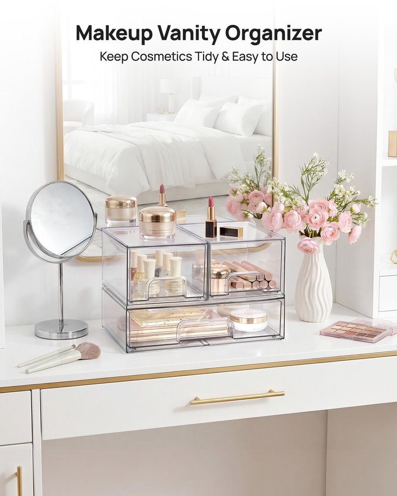 Vtopmart Stackable Storage Drawers Set of 3,Clear Plastic Organizer Bins for Makeup, Cosmetics, Beauty Supplies,Ideal for Vanity, Bathroom,Cabinet,Pantry Organization