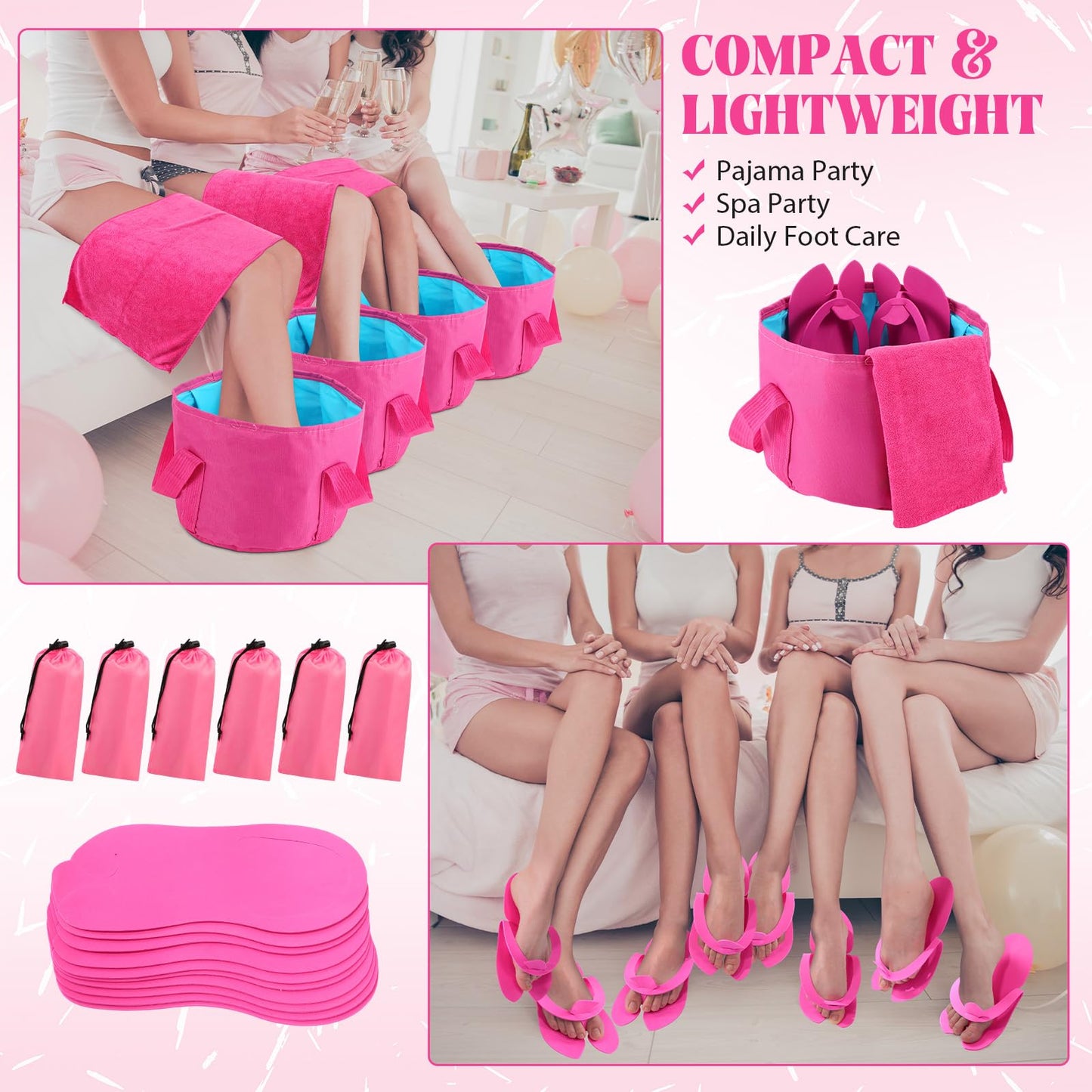 FillTouch 6 Sets Foldable Foot Bath Kit 15L Collapsible Foot Soaking Tub Bathroom Towels Women Adult Foldable Slippers with Storage Bag Spa Soak Pedicure Bath for Travel Camping(Rose Red)