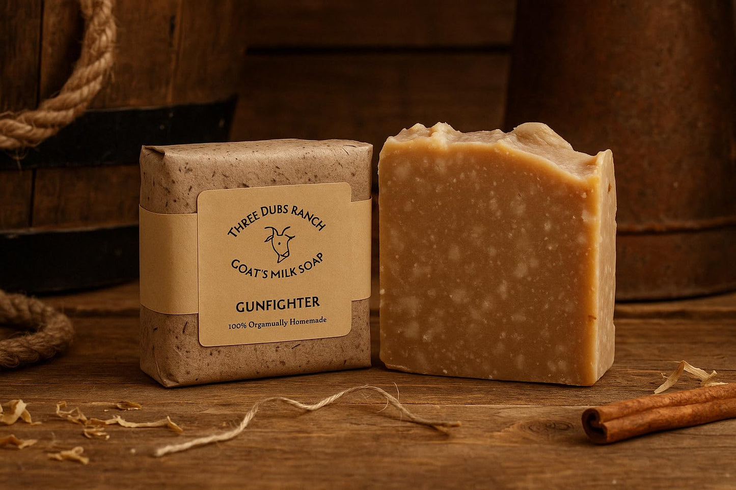 Three Dubs Ranch Gunfighter: Handmade All-Natural, Goat Milk Soap Bars made with Tallow, For Hands & Body. Leather, Tobacco, Whiskey scented Soap Bars. Made in Texas. (3.5 oz Bar 3 Pack)
