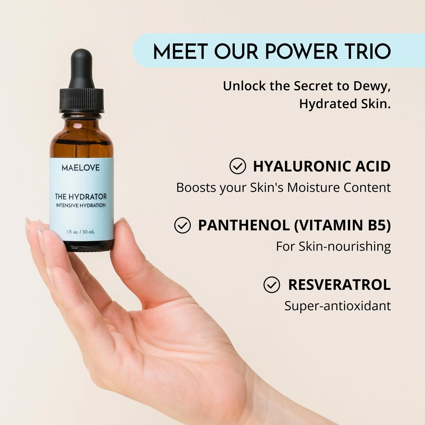 MAELOVE Hydrator Hyaluronic Acid B5 Serum with Resveratrol for Instantly Dewy Glow, Fills Fine Lines, Lightweight and Non Greasy, 1.0 fl oz