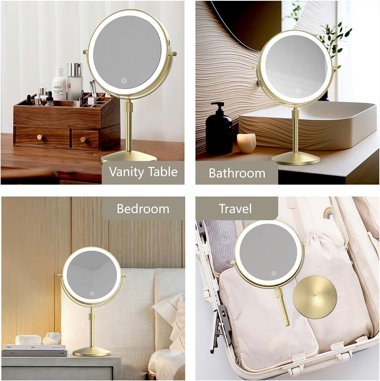 Lighted Makeup Mirror - 1X/10X Magnification, Dimmable & Rechargeable | Adjustable Height, Gold Finish