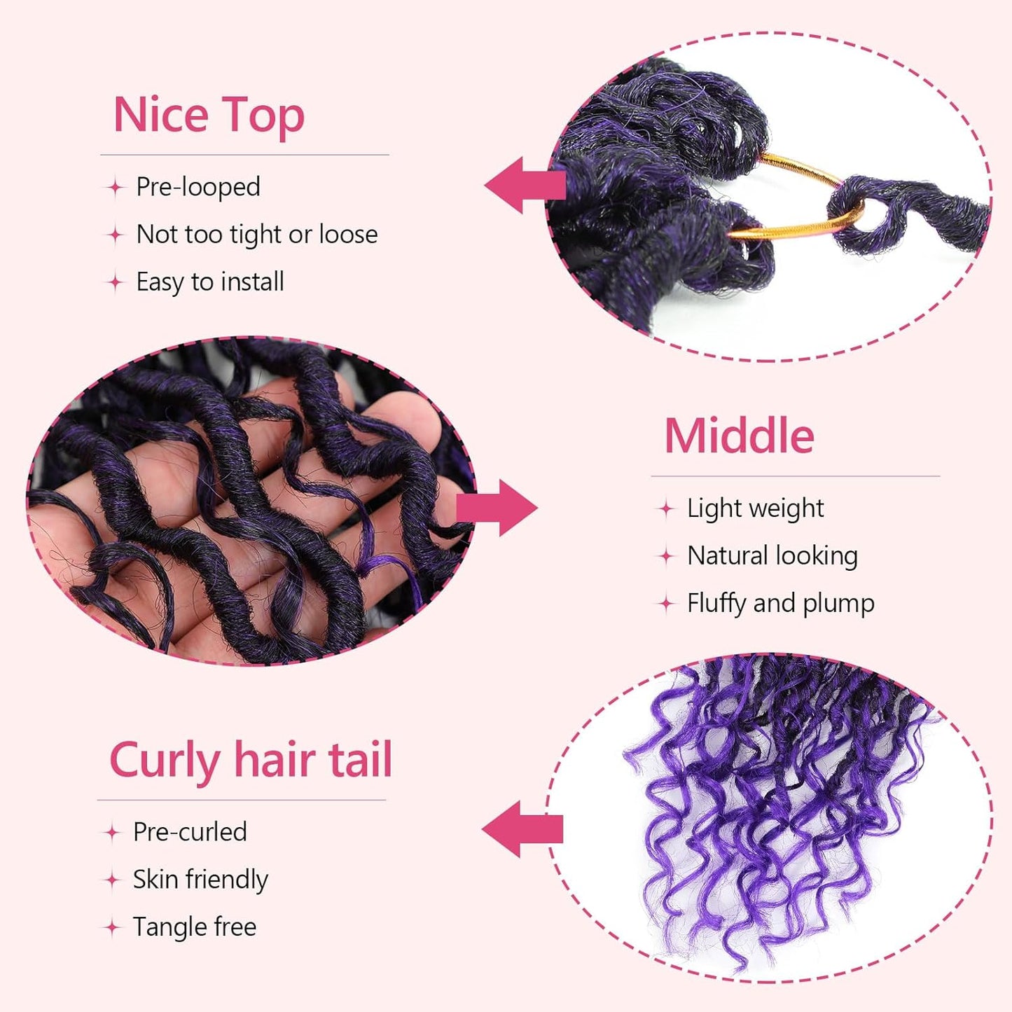 Boho Faux Locs Crochet Hair - 24 Inch Soft Locs with Curly Ends | Pre-Looped Goddess Locs for Black Women - 1B/Purple