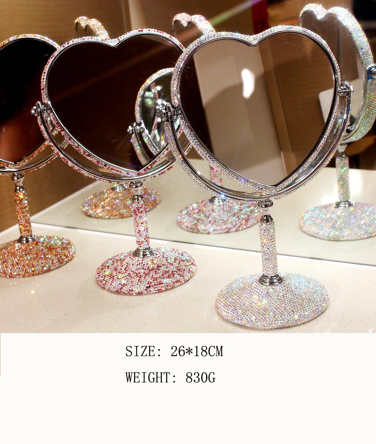 Bestbling Luxury Bling Double-Sided Tabletop Makeup Mirror, Heart Shape Metal Makeup Mirror with 1:2 Magnifying Mirror, Rotating Mirror (Silver)