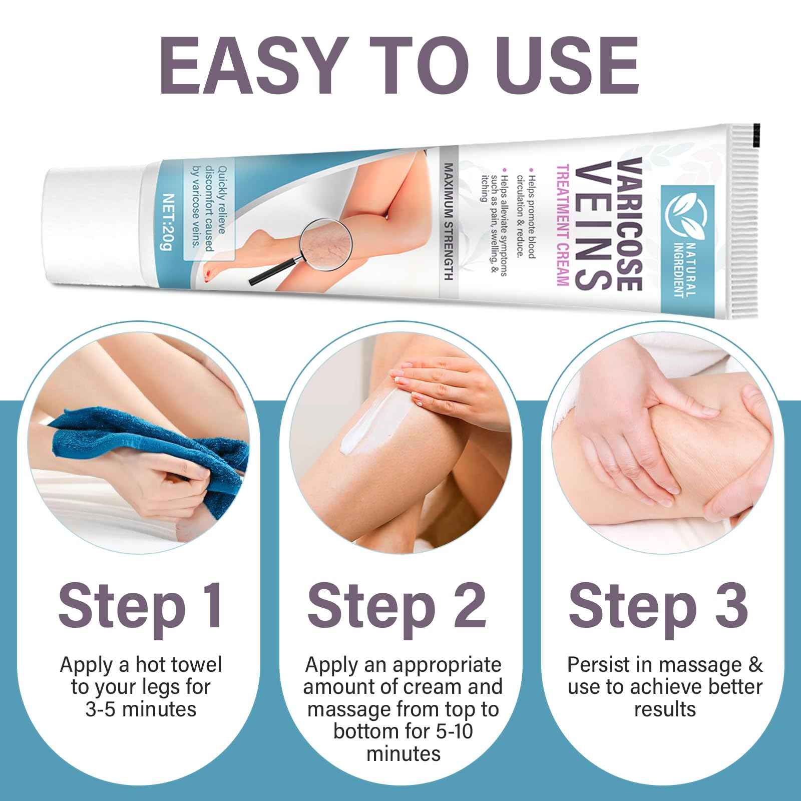 Varicose Veins Treatment for Legs, Varicose Veins Cream - Improves Blood Circulation, Reduces Varicose Veins and Heaviness, 2 Count