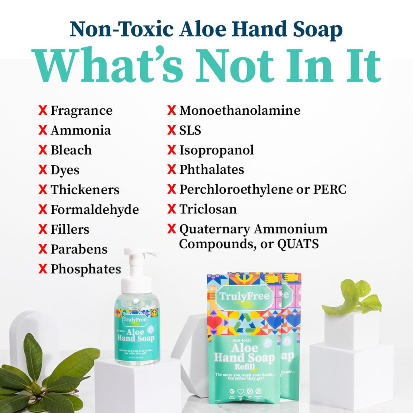 Truly Free Aloe Unscented Hand Soap - 10x Concentrated Aloe Vera, Non-Drying Gentle Cleanser - Bathroom Hand Soap - 1 Empty Bottle with Foaming Dispenser Pump + 2 Moisturizing Hand Soap Refill Pouches