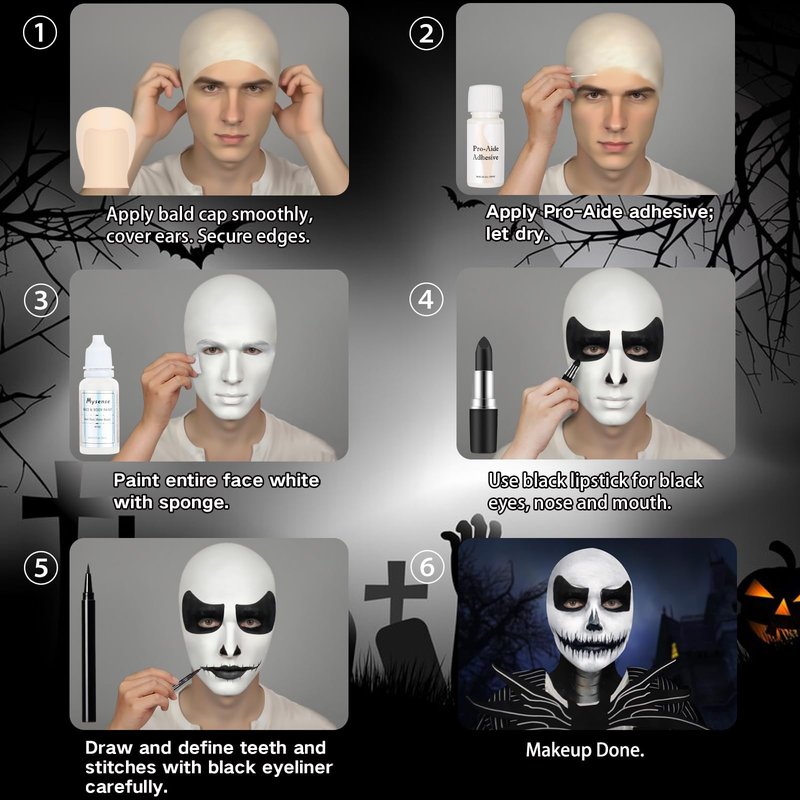 Mysense Skeleton Boy and Ragdoll Girl Makeup Kit for Halloween Jack Cosplay Sally Costume for Adults&Kids with Bald Cap,Pro-Aide Adhesive,Face Paint,Eyeliner,Lipstick&Applicators