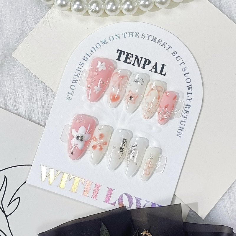 TENPAL Handmade Press on Nails Medium Almond Pink Acrylic Nails with Hand Painted Versatile Floral Bow Tie Designs Full Cover Reusable Fake Nails Press Ons 10pcs/box Glossy Glue on Nails(M)