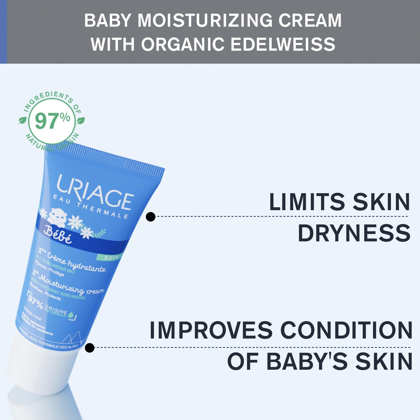 Uriage Baby Face Moisturizing Cream with Organic Edelweiss & Shea Butter, Hydrates & Prevents Dryness, Fast-absorbing & Non-sticky, 97% Igredients of Natural Origin