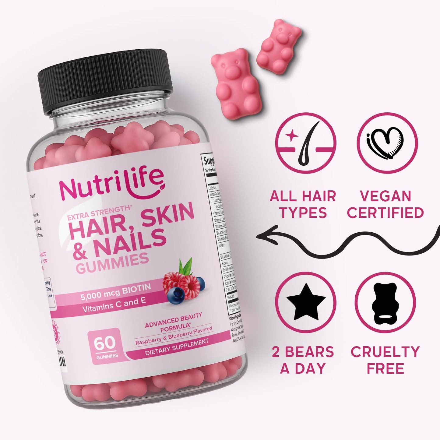 NutriLife Advanced Hair, Skin & Nails Gummies – Biotin with Vitamin C & E – Vegan Beauty Support – Promotes Hair Growth, Strong Nails & Radiant Skin – Non-GMO, Gluten-Free, Made in USA