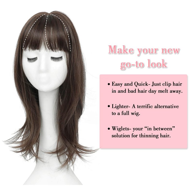 Megito Hair Topper with Bangs 18inch Long Hair Toppers for Women with Thinning Hair 6.5"X6.5" Big Base Synthetic Pieces for Women Daily Wear Add Volume Medium Brown