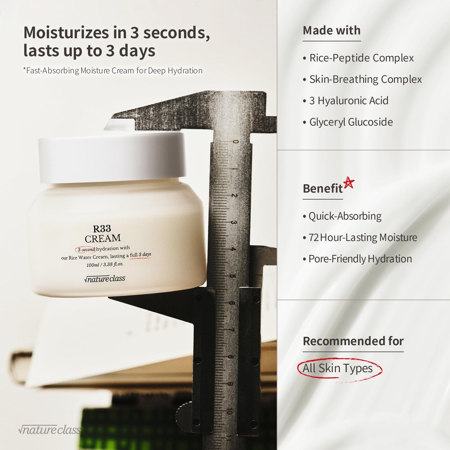 NATURECLASS R33 Rice Face Moisturizer Korean Skincare Glass Skin Squalane Niacinamide Hyaluronic Acid Barrier Cream Night Cream Dry Sensitive Skin Fragrance Free 100ml 3.38 fl oz