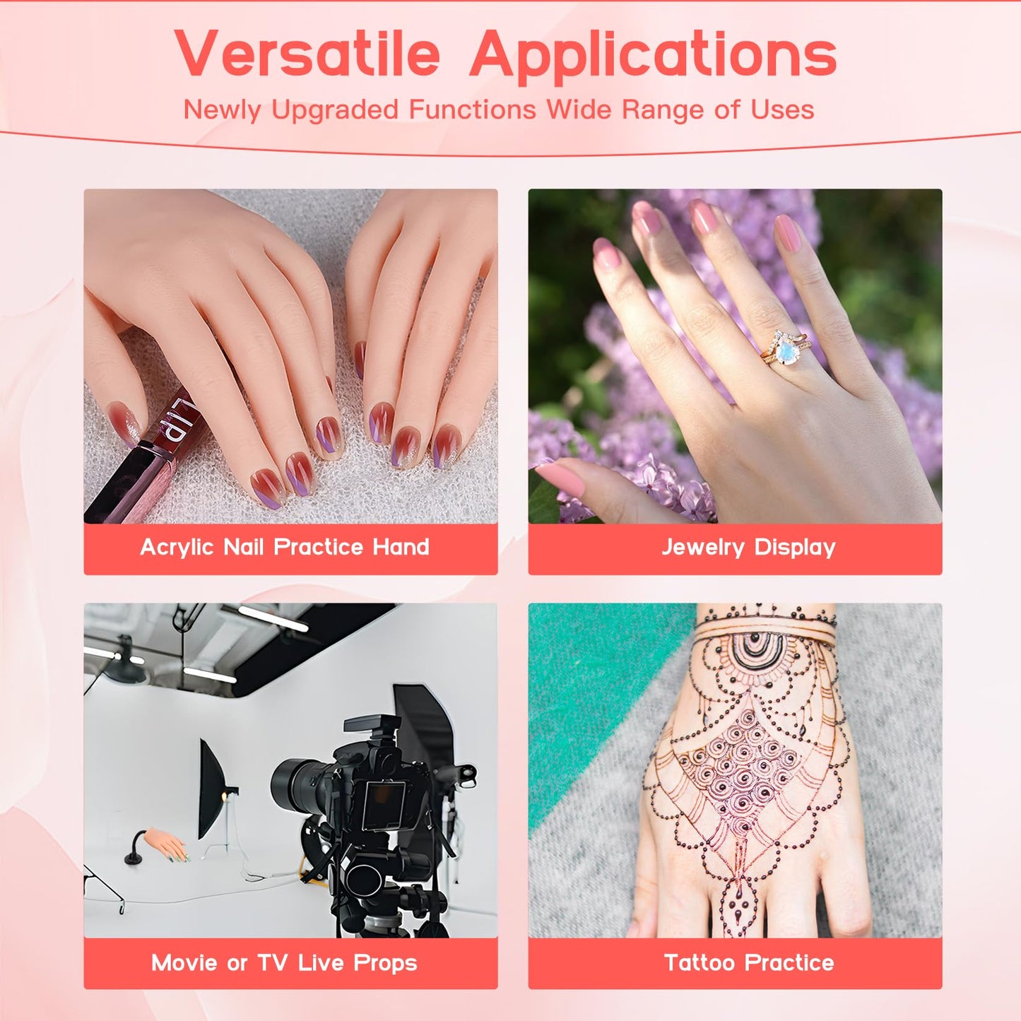 Vnmcry Practice Hand for Acrylic Nails Silicone Fake Hands Mannequin Flexible Bendable Manicure Nail Practice Hand with Stand and 528 Pcs Nail Tips