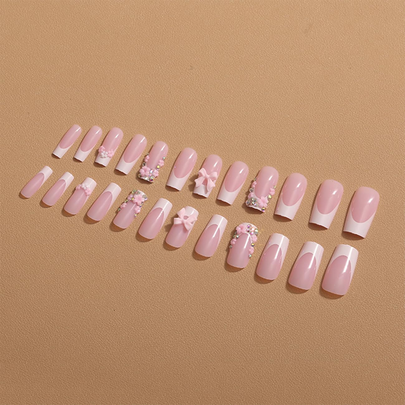 24pcs French Tip Press-On Nails - Short, Charms, Bow, Flower Design, Pink, Cute, Square Shape, Acrylic, Rhinestones