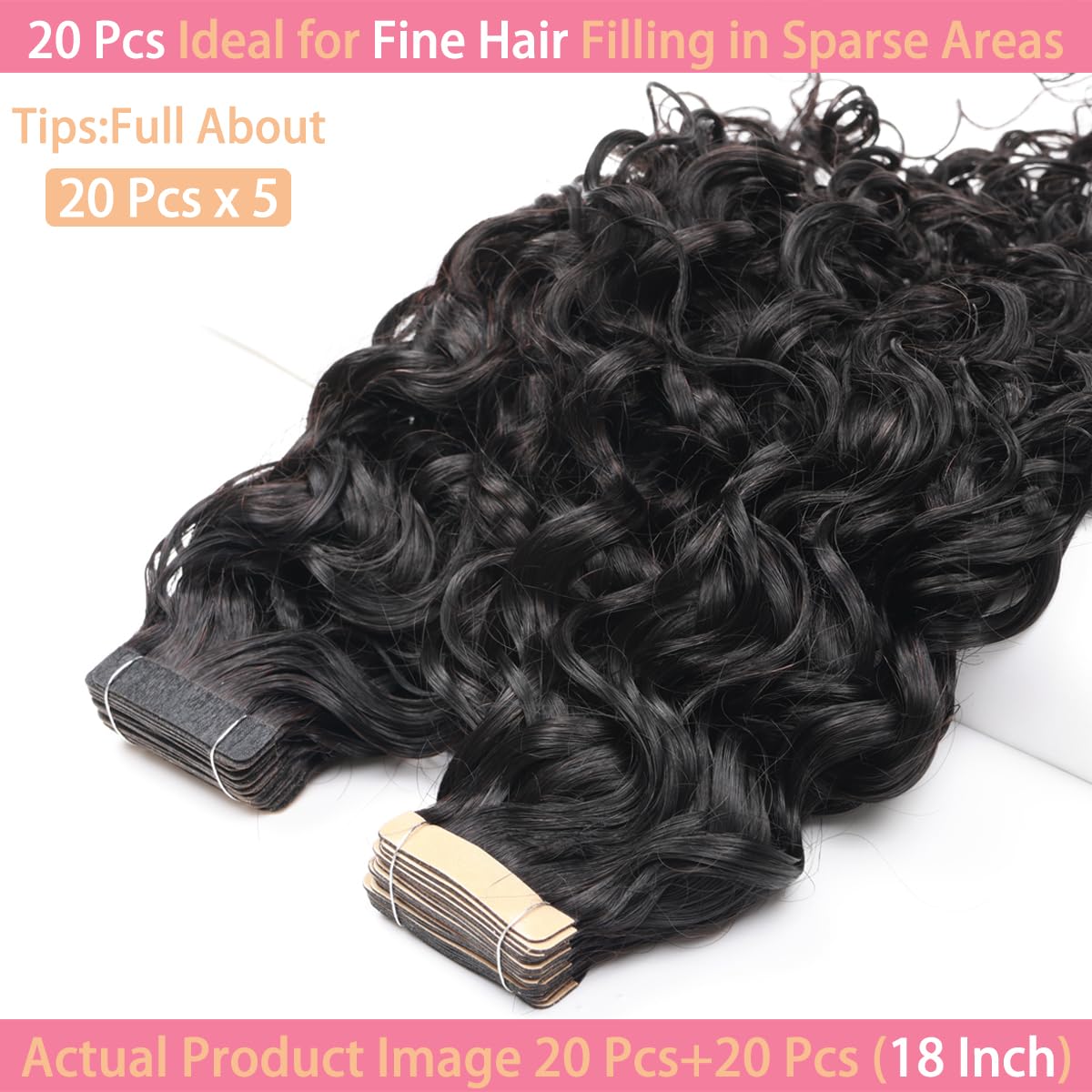 ShowJarlly Tape in Hair Extensions Human Hair 20 Pcs Curl Extensions for Women Real Hair Black Tape in Extensions Jerry Curly Tape Ins Human Hair Natural Black 18 Inch (40g)