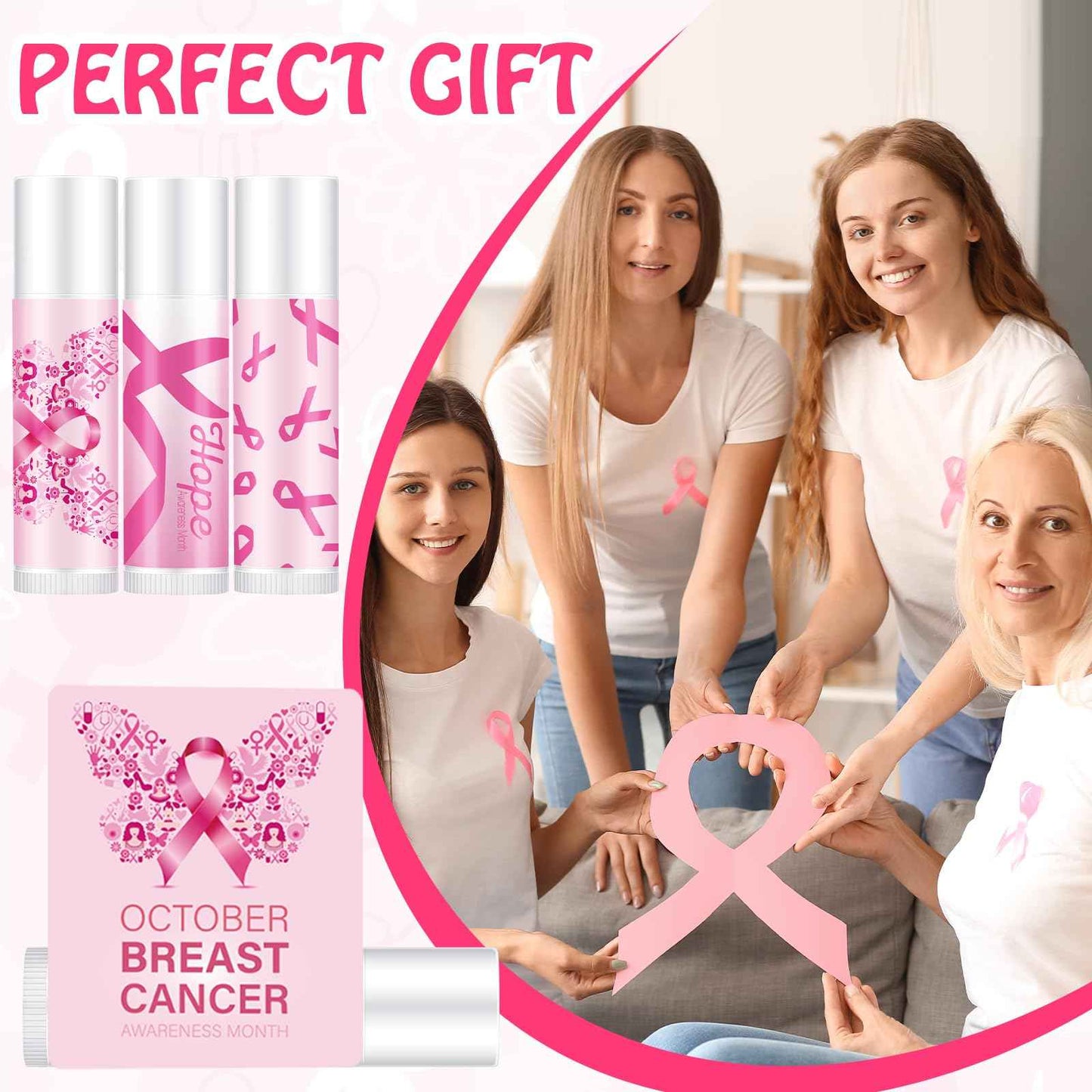 Swiffen 36 Pcs Breast Cancer Awareness Lip Balms with Holder Keychains Pink Ribbon Gifts Bulk Pink out Day Breast Cancer Accessories Survivor Gifts Natural Moisturizing Care for Girls Youth Cheer Team