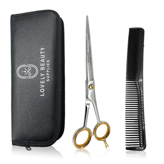 Professional Barber Scissors 6.5" - Sliver- Hair Cutting Shears - Includes Leather Case & Comb - High Carbon Steel, Ergonomic Grip, LBS