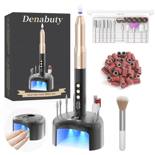 Denabuty Cordless Electric Nail Drill File: 35000RPM Professional Nail Drill Machine with UV LED Nail Lamp Charging Base, Manicure Pedicure Kit E File for Acrylic Gel Dip Powder Polish Black
