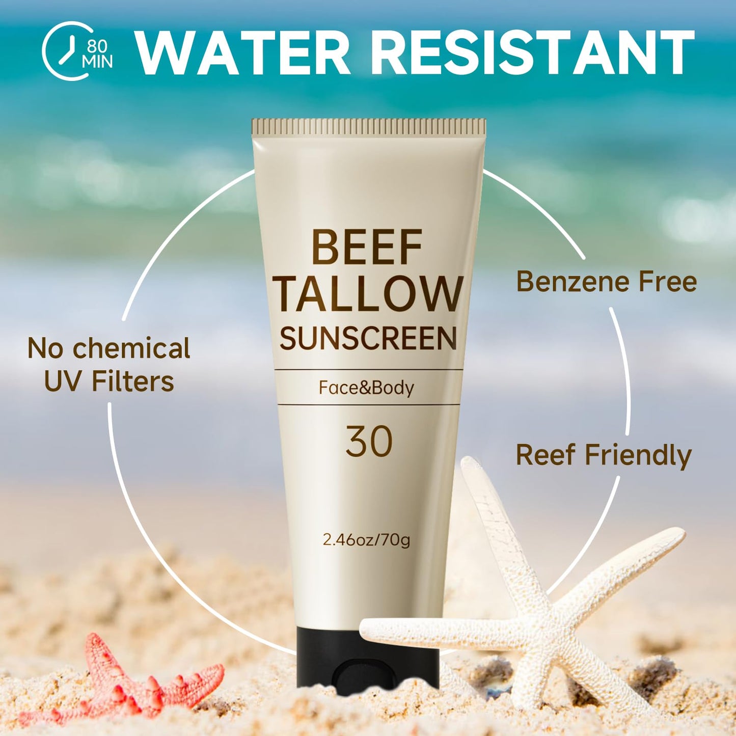 Tallow Sunscreen, Sunscreen for Face, SPF30 Natural Reef Safe Face Body Beef Tallow Sunblock, Non Greasy Clean Travel Sun Screen Sunblock for Outdoor Travel, 7.38 OZ,3 Pack