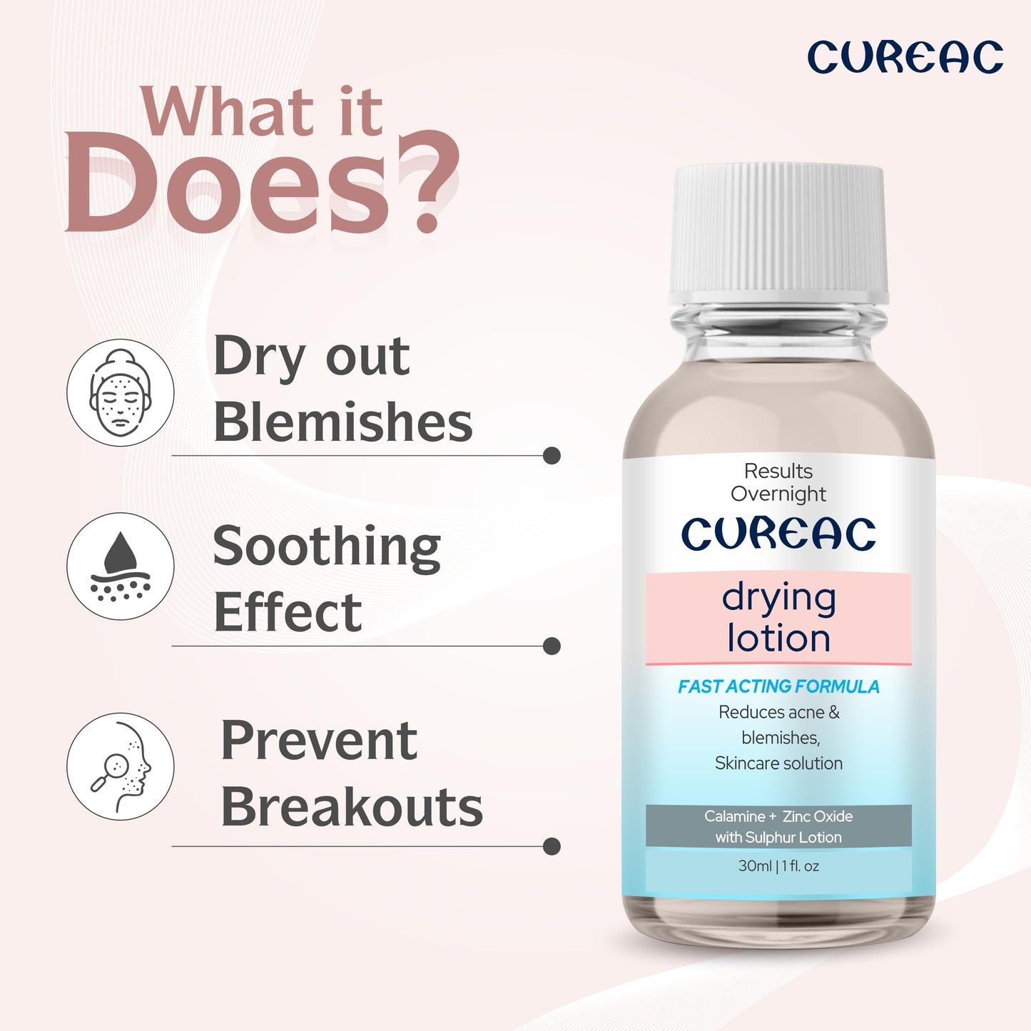 Salve Cureac Drying Lotion with Calamine, Zinc Oxide & Sulphur - 30 ml / 1.01 fl oz | Acne & Spot Care Lotion for Clear & Balanced Skin