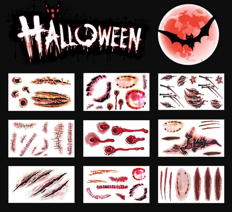 YUERWOVER 9 Sheet Body Face Temporary Tattoos Realistic Fake Wound Stitch Scar Scab Waterproof Horror Sticker Halloween Fool's Day Zombie Masquerade Prank Makeup Props for Kids Adult