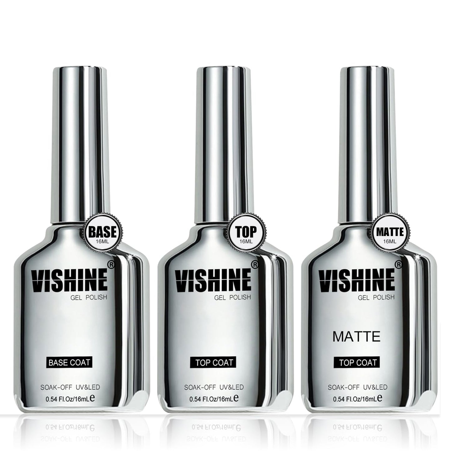 Vishine Gel Top Coat & Base Coat Set - 3Pcs 16ml, Matte & Shiny Finish for Natural & Artificial Nails
