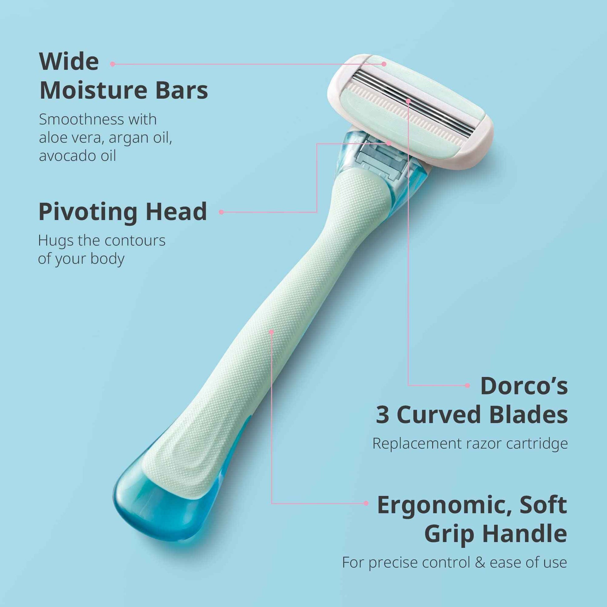 Dorco EVE3 Razor Smooth Touch™ for Women, Includes 1 Razor Handle and 6 Long-Lasting Razor Blade Refills (Handle + 6 Refills)