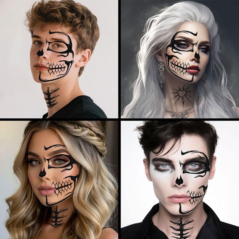 Halloween Face Tattoos Temporary Black Tattoo for Men and Women, Adult, Skeleton Mouth Tattoo Spider Web Face Sticker, Horror Zombie Witch Makeup Kit, Scary Halloween Face Decals 5 Sheets
