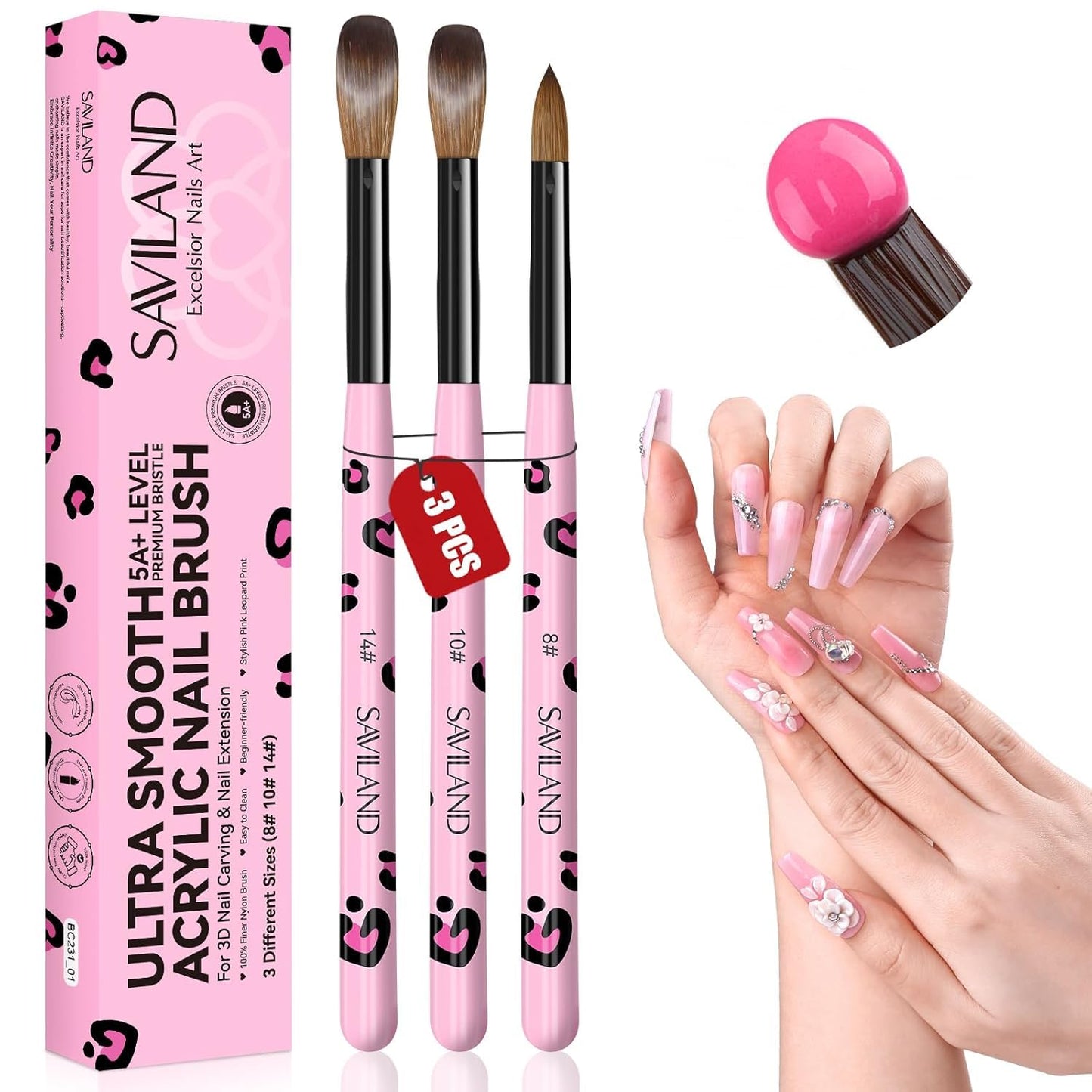 Saviland 3pcs Acrylic Nail Brush Set, Size 8/10/14 Kolinsky Acrylic Nail Brushes for Acrylics Application, Acrylics Powder Nails Art Extension with Black & White Handle for Beginner & Professional