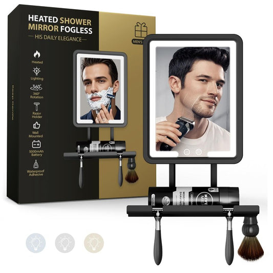 Shower Mirror Fogless for Shaving with Light - Heated Anti Fog Bathroom Mirror Razor Holder Recharegable 5000mAh Battery 3 Color Dimmable Adhesive Wall Mount Shower Accessories Gift for Men(Gray