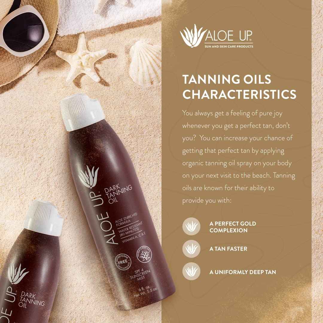 Aloe Up SPF 4 Dark Tanning Oil - Body and Face Tanning Continuous Spray for Outdoor Sun - With Sunscreen, Pure Aloe Vera, and Natural Oils - Dries Clear - Reef Friendly - Fresh Tropical Scent - 6 Oz