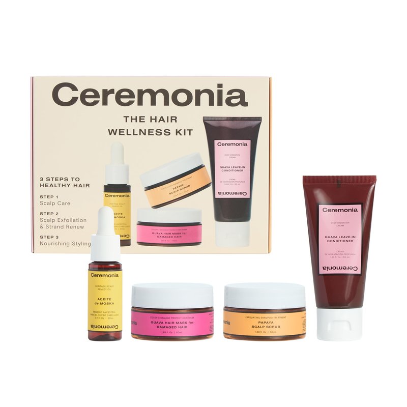 Ceremonia The Hair Wellness Kit | Weekly Deep Cleanse & Hydration Routine | 4 Piece Travel-Size Set Includes Scalp Oil, Shampoo Scrub, Hair Mask, Leave-In Conditioner