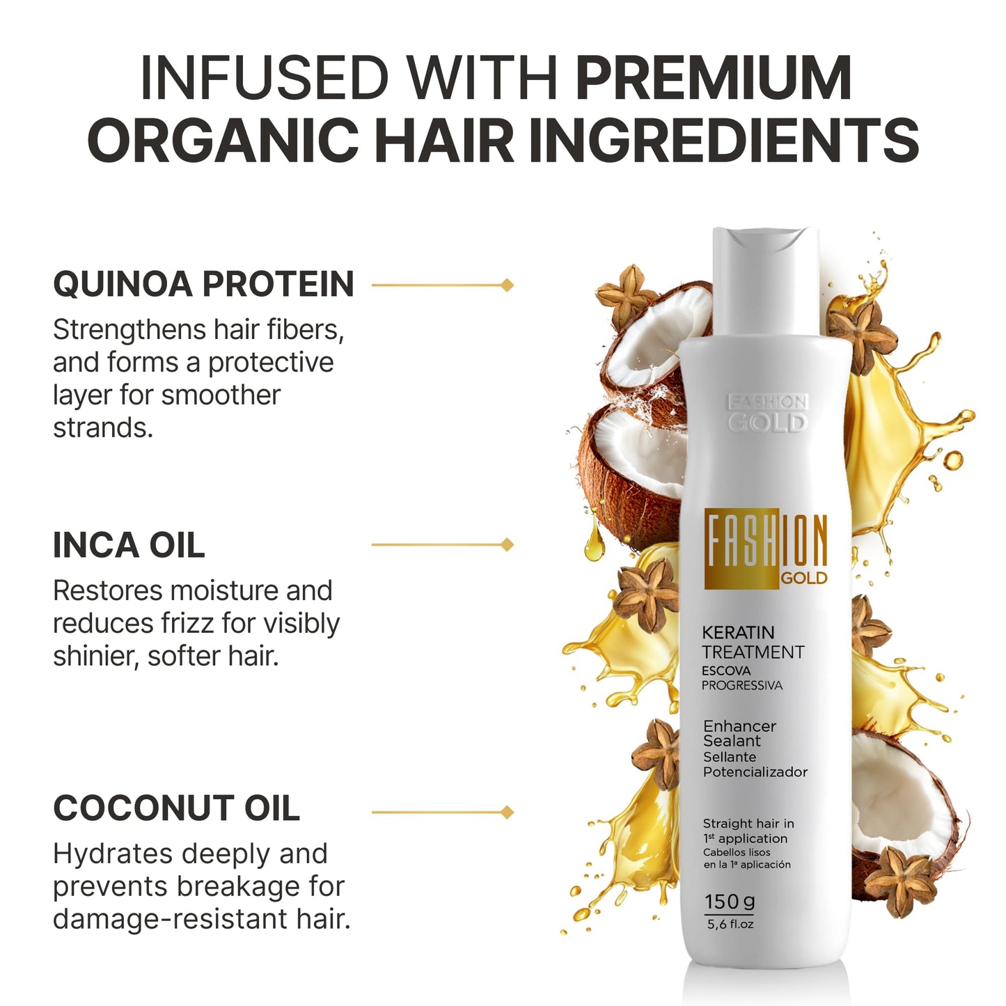 Fashion Gold Keratin Hair Treatment (Up to 3 USES per Bottle), Hair Botox Treatment, At Home Keratin Treatment, Keratina para Alisar el Pelo, Alisado Brasileño, Alisados organicos SIN FORMOL, 150g