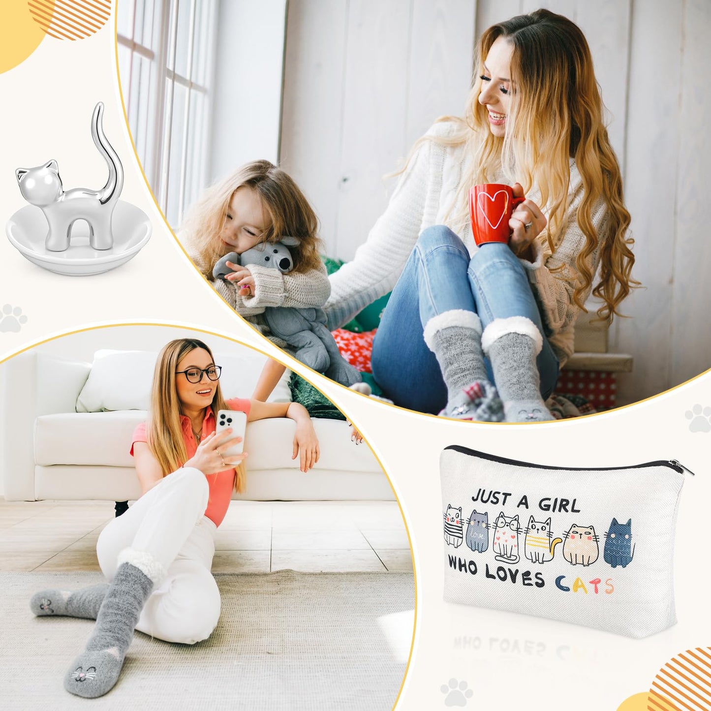 Newtay 3 Pcs Valentines Day Gifts for Women, Ring Holder Makeup Bag Fuzzy Socks with Grippers, Cute Gifts for Holiday