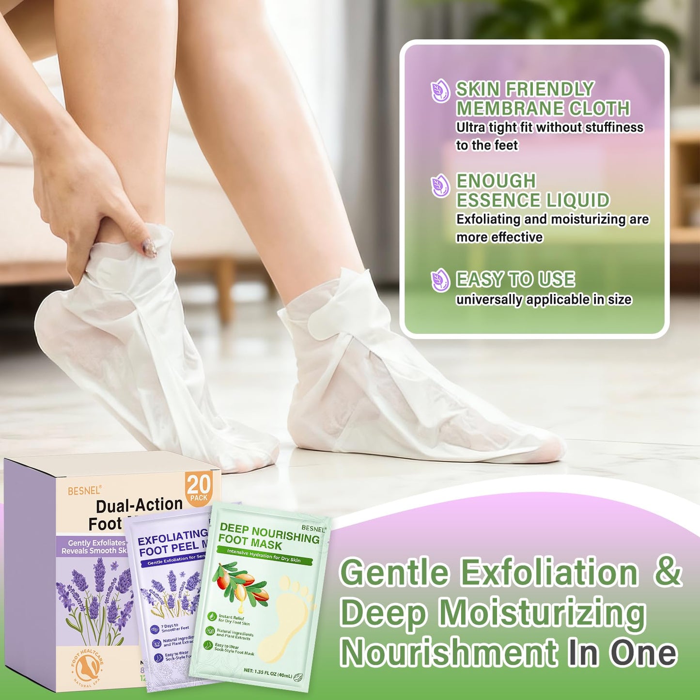 BESNEL 12Pack Moisturizing＆8Pack Foot Peeling Foot Mask, Teacher Appreciation Gifts, Hydrating Foot Masks Dry Cracked Feet,Soothing Moisturizer Socks Repair Rough Heels＆Baby Soft Feet(20p)