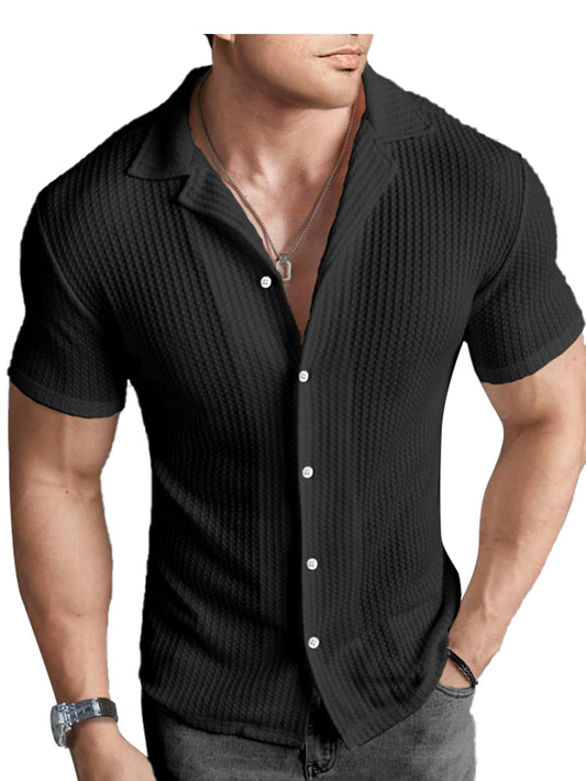 PLEPAN Mens Waffle Shirt Button Down Short Sleeve Casual Summer Beach Vintage Knit Polo for Men Black 3XL-Large