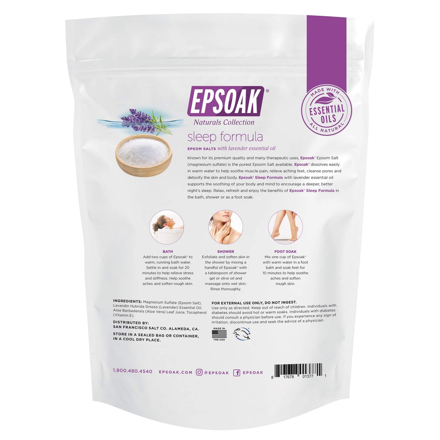 Epsoak Epsom Salt 5 lb. Magnesium Sulfate USP. (Qty. 1 x 5lb. Bag), Lavender Sleep Formula, Resealable Epsom Salt Bag, Made in The USA, Cruelty-Free Certified
