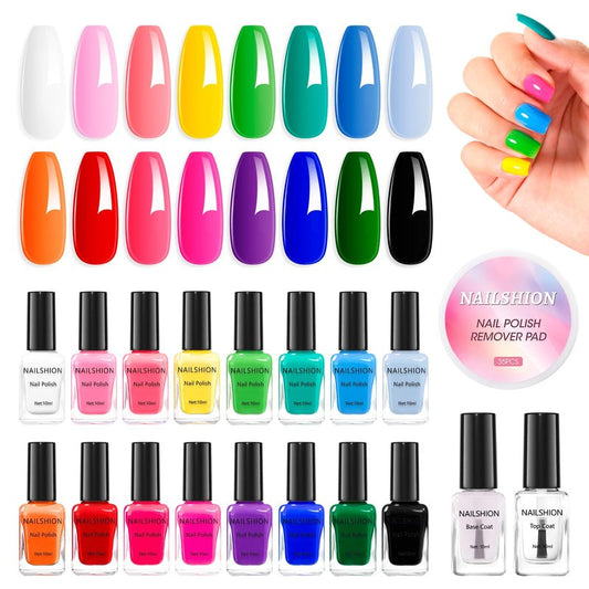 Nailshion Nail Polish 10ml 16 Colors Rainbow Air Dry Regular Nail Polish Set with Base Top Coat & Remover Pads| White Red Classic French Fingernail Polishes Non-gel Bulk Gift for Nail Art Lovers