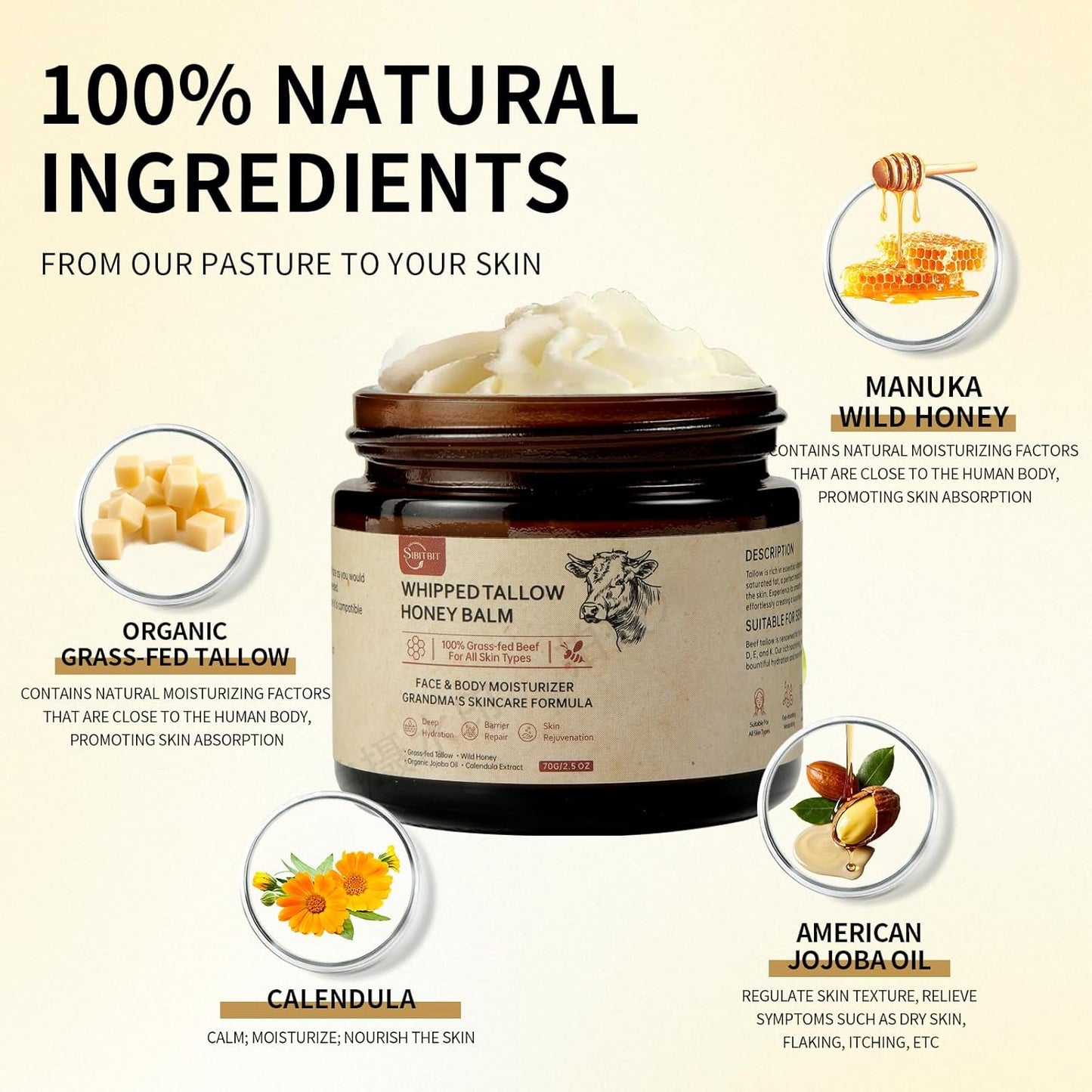 Beef Tallow Honey Balm - 100% Organic Grass-Fed Moisturizer | 2oz Face & Body Cream for Sensitive Skin