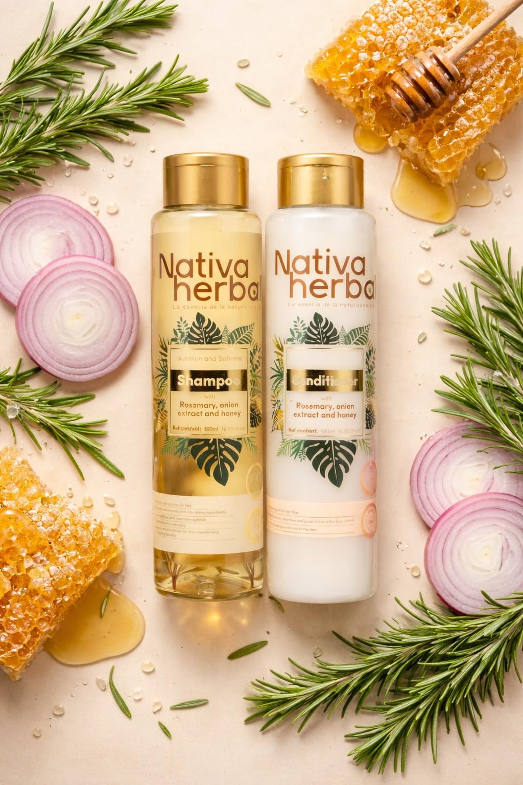 Nativa Herbal Rosemary and Onion Shampoo & Conditioner – Hair Growth and Anti Hair Loss Set, Organic 18.5 fl oz Each, Strengthens Roots, Restores Shine, Paraben Free Natural Hair Care