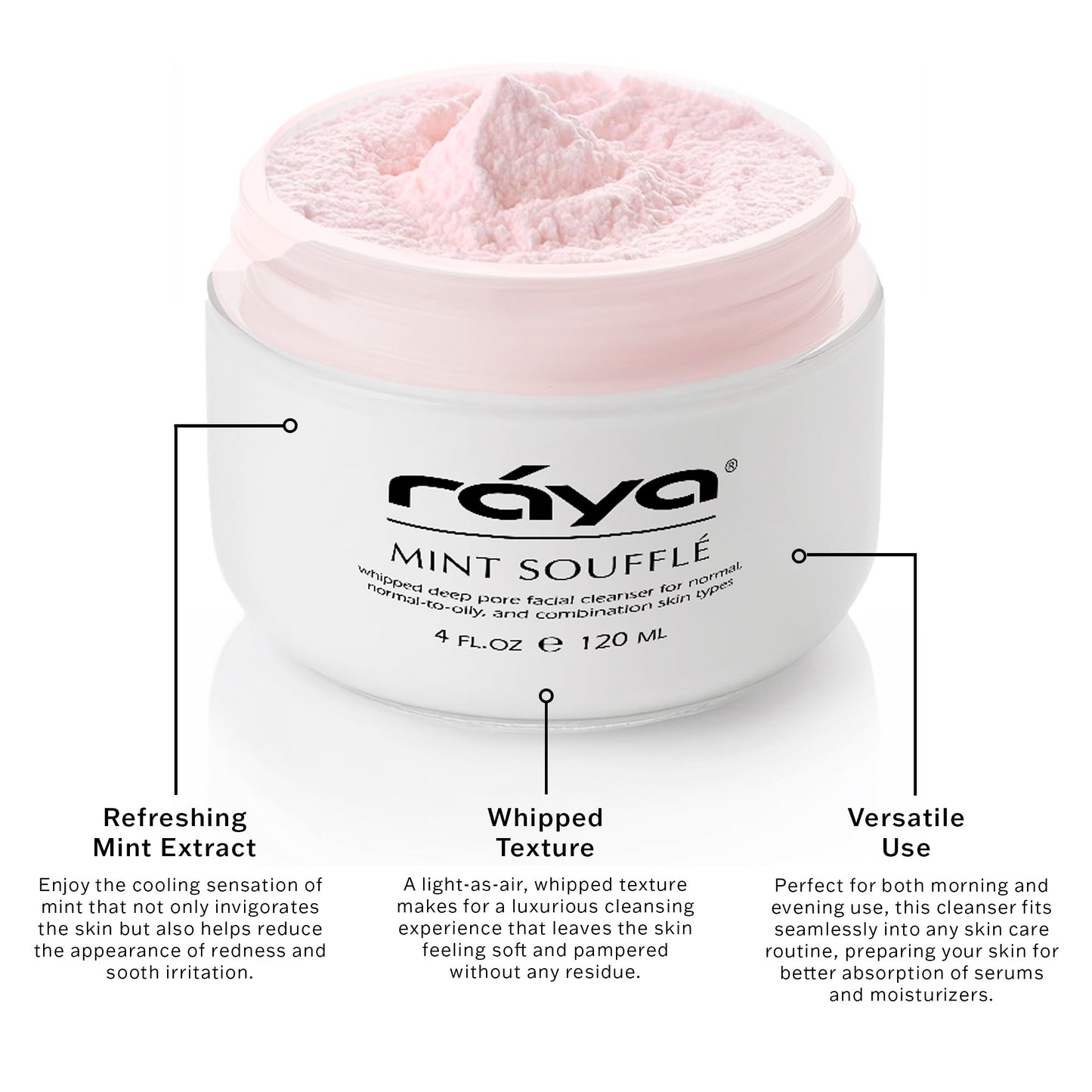 Raya Mint Soufflé Facial Cleanser (102) - Face Wash for Sensitive Skin, Combination & Oil Skin, Clears Pores, Sensitive Formula, Mint, 4 oz