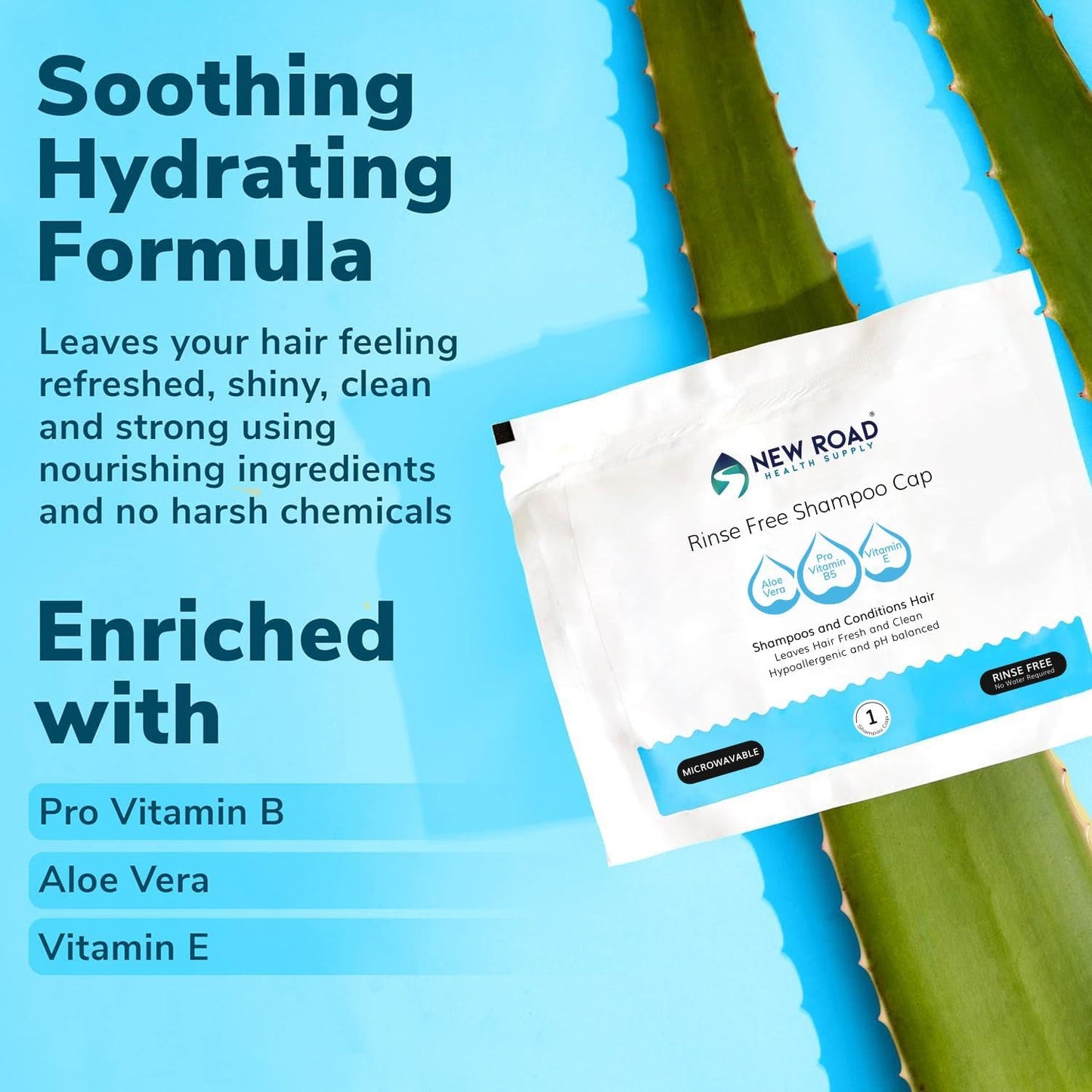 New Road Health Supply Rinse-Free Shampoo Cap, No Water Needed, Cleans and Conditions Hair, pH Balanced & Hypoallergenic, Waterless Shampoo Cap for Adults, Elderly & Caregivers, 12 Pack