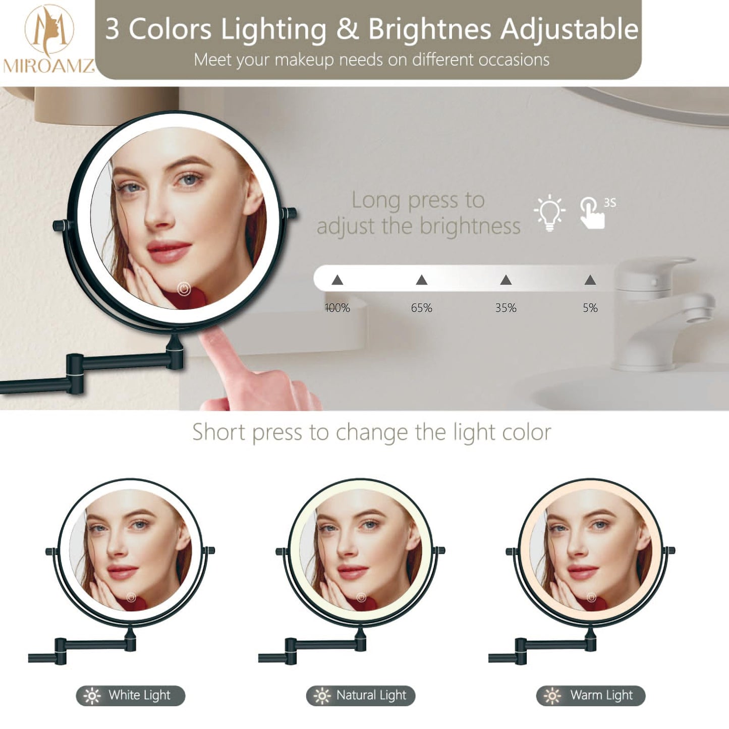 MIROAMZ Rechargeable Wall Mounted Lighted Makeup Vanity Mirror 8 Inch Double Sided 1X 10X Magnifying Bathroom Mirror, 3 Color Lighting, Touch Screen Dimming, 360 Rotation Shaving Matte Black