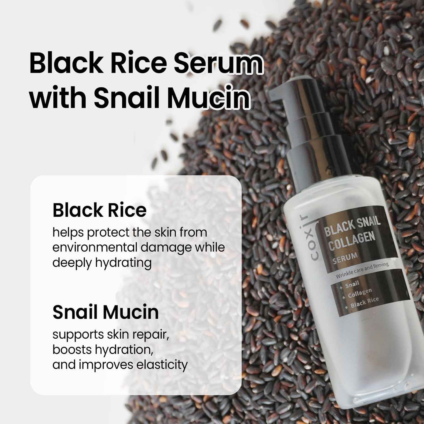 coxir BLACK SNAIL COLLAGEN SERUM l Black-3-Complex: Black Rice, Bean, Sesame, Snail Mucin, Collagen, Peptide l Firming&Lifting l Korean Skin Care l Cruelty-Free, No Pareben [50ml/1.69 fl.oz]