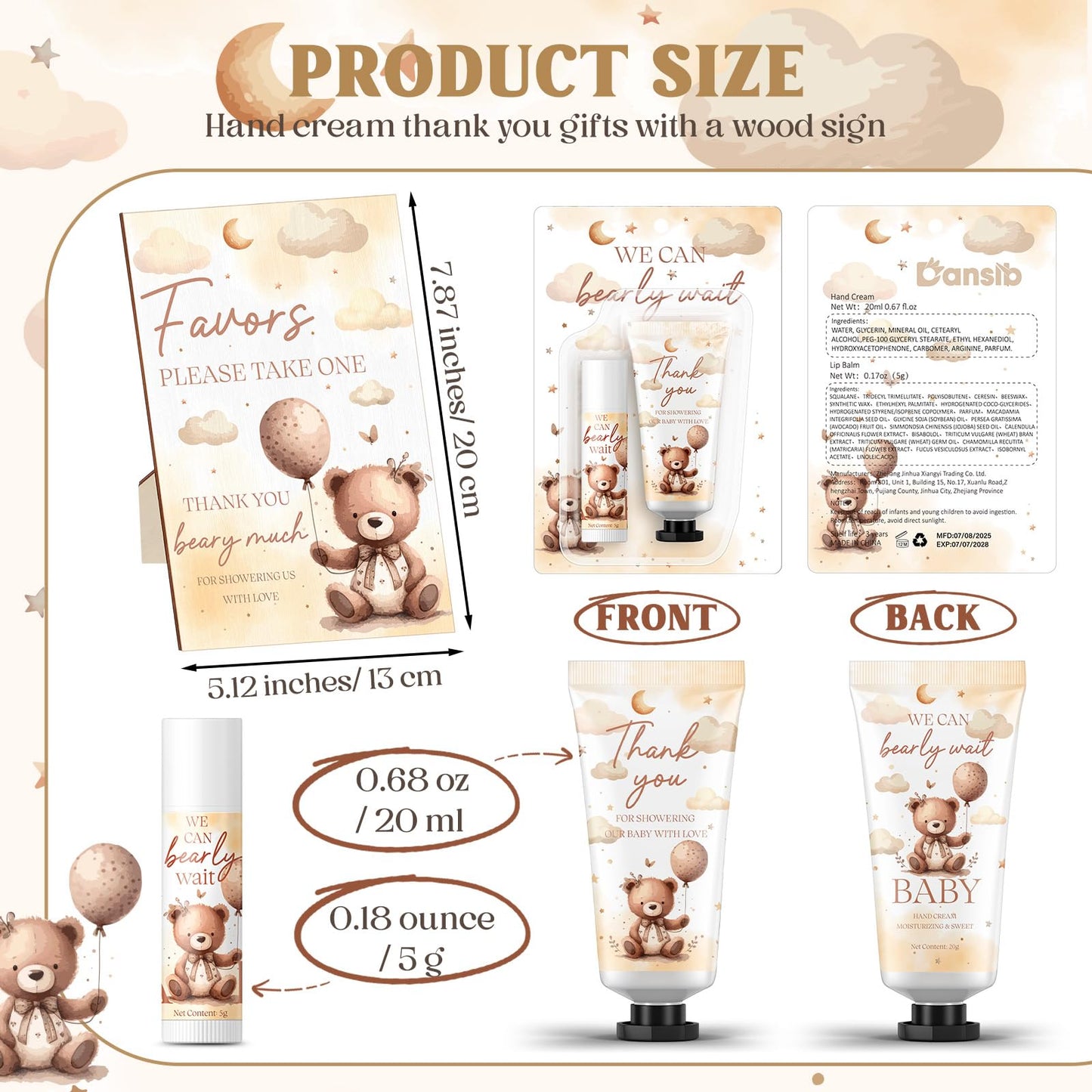 Dansib 30 Set Gender Reveal Gifts for Guests 30 Pcs Bear Baby Shower Hand Cream and 30 Pcs Lip Balm with 1 Wooden Stand for Guests Baby Shower Prizes Party Favors Gender Reveal Souvenirs