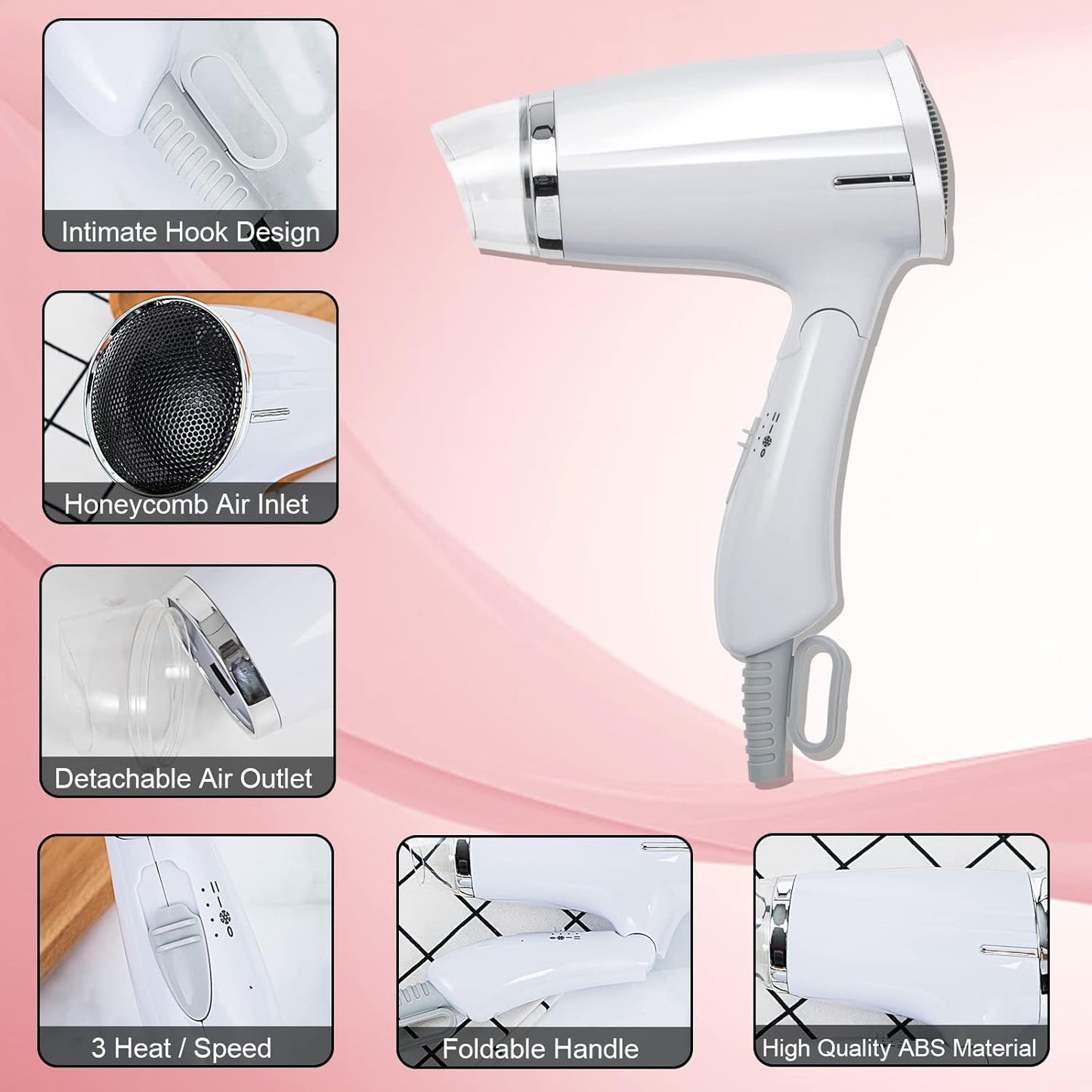 Folding Travel Hair Dryer - Compact & Lightweight Mini Blow Dryer | 8x7 Inch, Low Noise, Multiple Heat Settings (White)