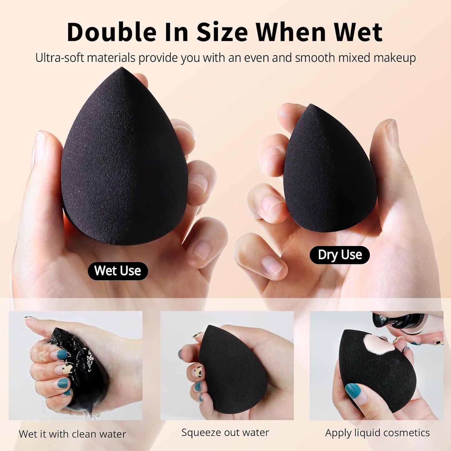 BEAKEY Makeup Sponge Set, 5 Pcs Foundation Blending Sponge, Beauty Sponges Flawless for Liquid, Cream, and Powder, Latex-Free and Vegan Boun Boun Makeup Sponges, Black